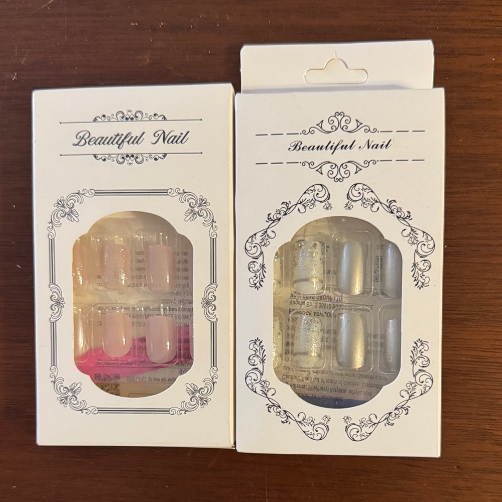 TWO NIP Beautiful Nail Press-On Sets Easy Application Pink Silver